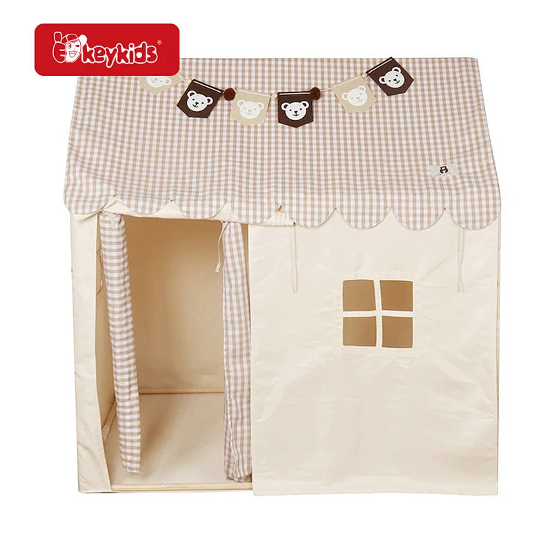 2026 New Beige Kids Playhouse Tent with Bear Bunting, Checkered Roof & Window Curtains for Indoor Play W08L168